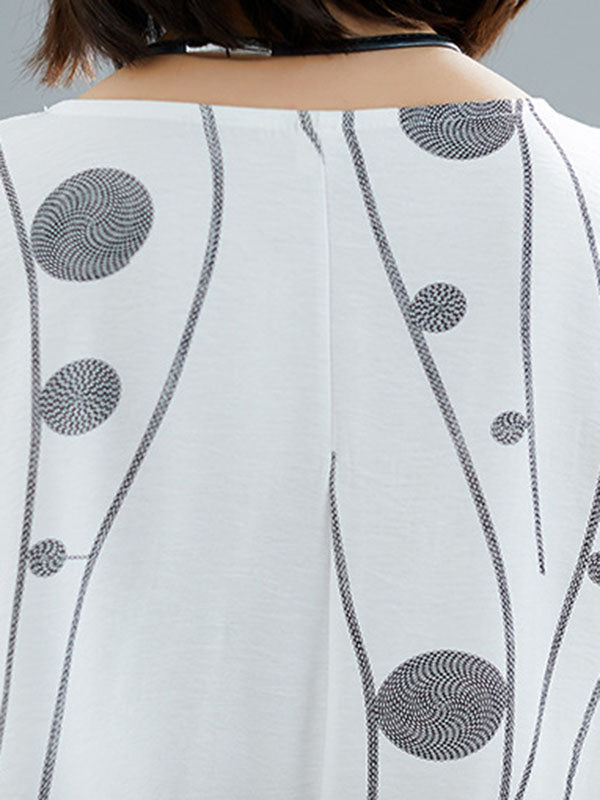 Loose Short Sleeves Printed Round-neck Midi Dresses