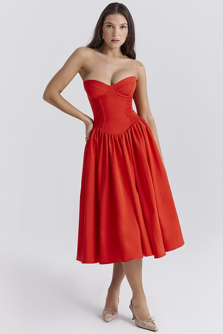 Strapless Corset Pleated Hem Prom Party Midi Dresses-red