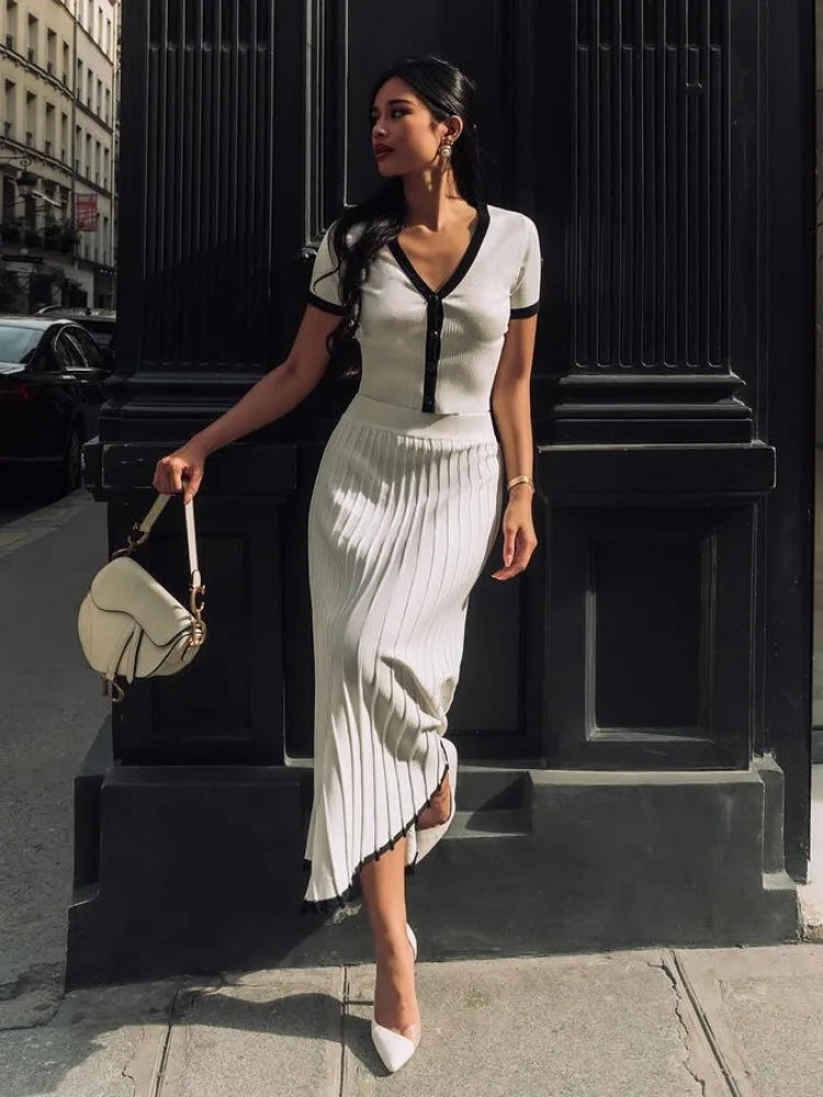 White Knit Sweater 2 Piece-set Maxi Skirt for Ribbed Short Sleeve Cardigan Top and Long Skirt Sets Knitwear Outfits
