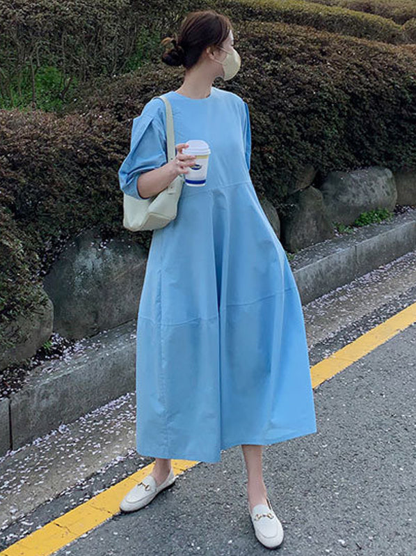 Round-neck Bishop Sleeve Loose Color Midi Dress