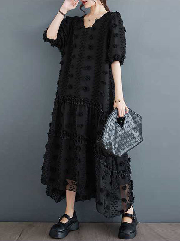 A-line Half Sleeves Elasticity Jacquard Color Split-joint V-neck Midi Dresses