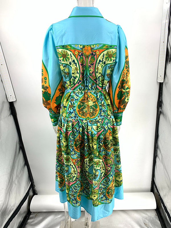 High Waisted Loose Puff Sleeves Belted Printed Lapel Midi Dresses