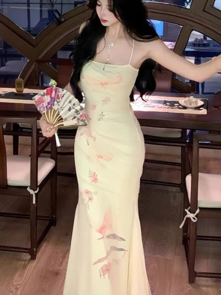 Bodycon Printed Mesh Long Dresses for Backless Summer New Korean Evening Party Female Vestidos