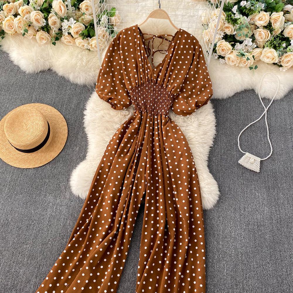 Stylish Army Green V-neck Polka Dot Puff Sleeve Wide Leg Jumpsuit