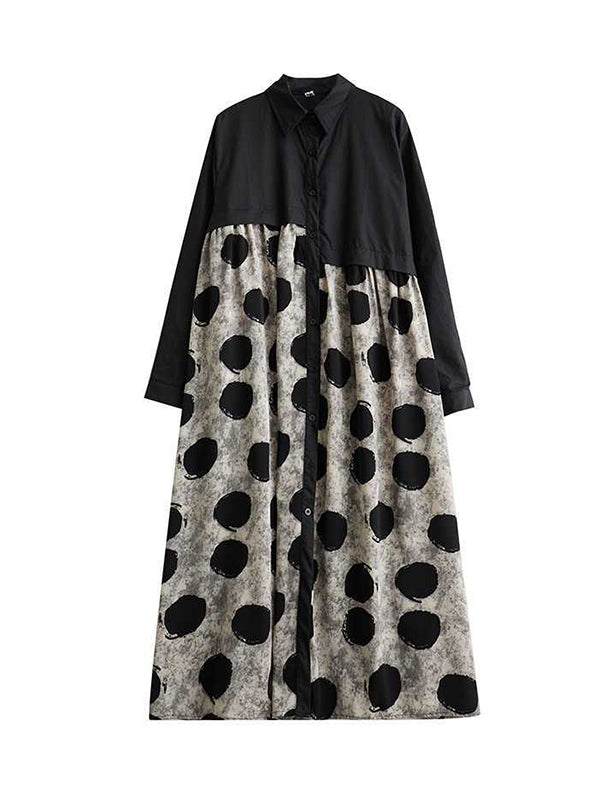 A-line Long Sleeves Asymmetric Buttoned Polka-dot Split-joint Lapel Midi Dresses Shirt Dress