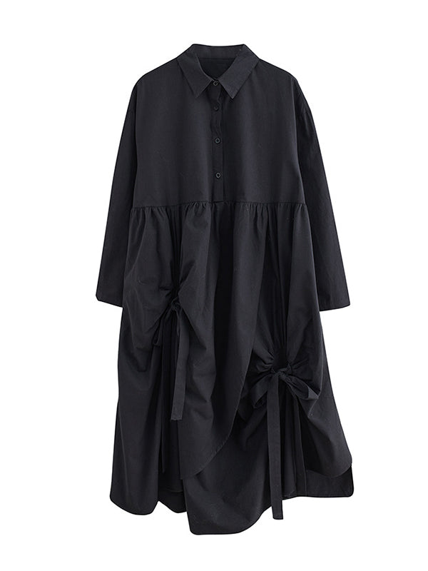 A-line Long Sleeves Buttoned Pleated Pockets Color Tied Lapel Midi Dresses Shirt Dress