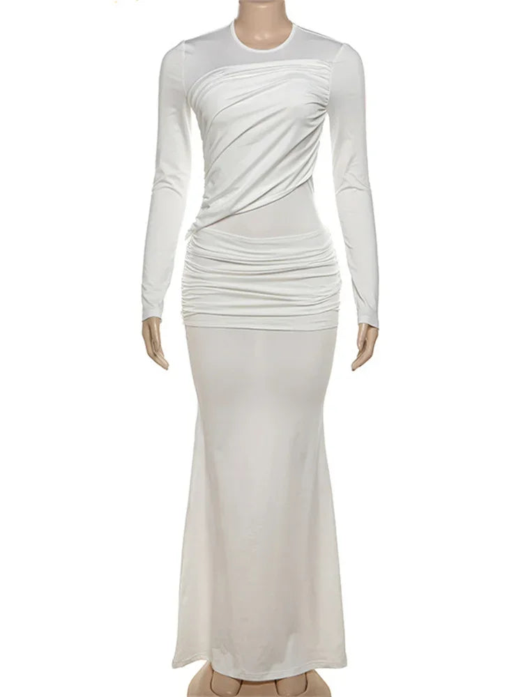 Mesh Patchwork Maxi Dress ’s Pleated Skinny High Waist Slim See-through Party Dress Female Long Dress
