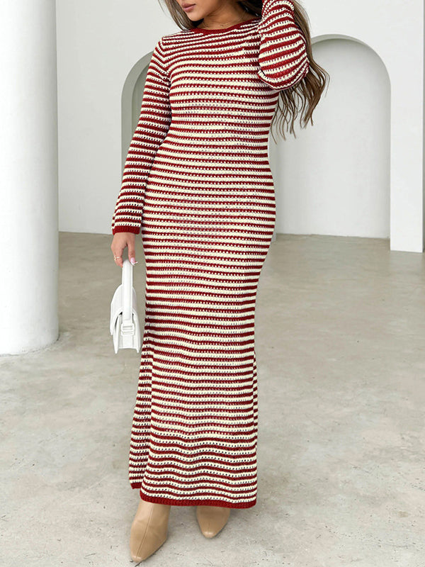 High Waisted Long Sleeves Contrast Color Striped Tied Round-neck Midi Dresses Sweater Dresses