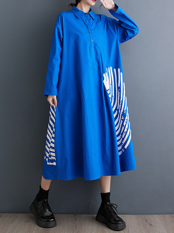 A-line Long Sleeves Asymmetric Buttoned Pleated Printed Split-joint Lapel Midi Dresses Shirt Dress