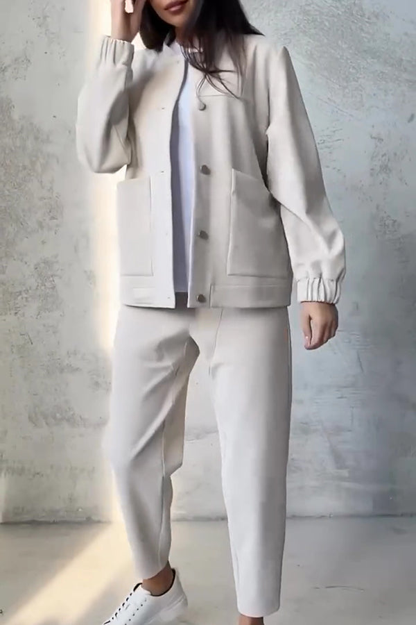 Color Loose Fit Long Sleeve Button Pocket Top and Pants Set