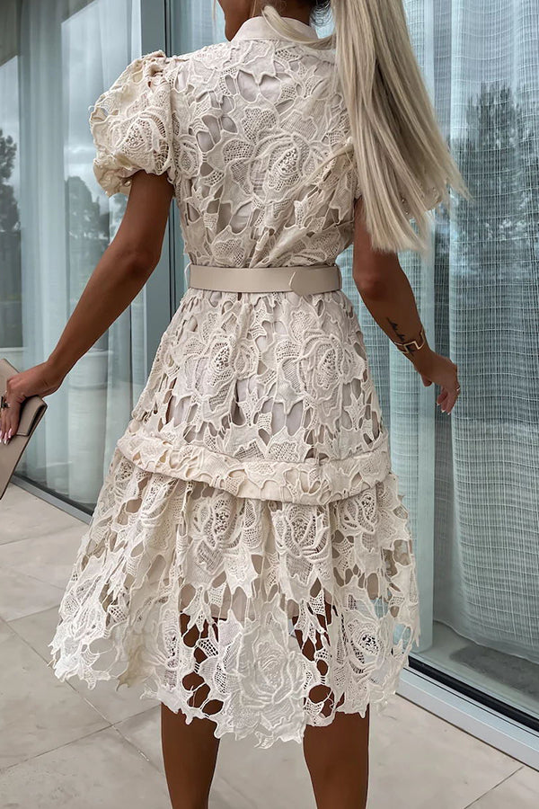 Absolutely Crochet Lace Puff Sleeve Belted Shirt Midi Dress