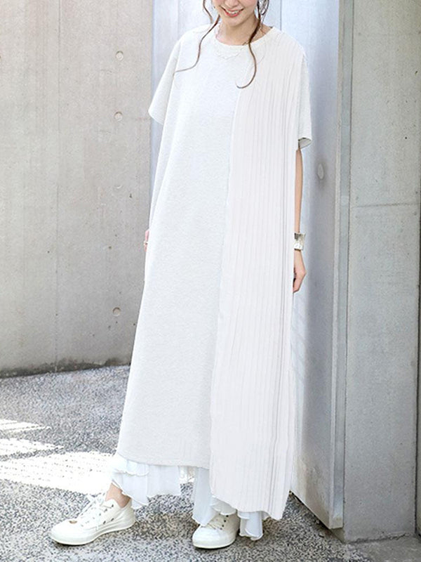 Loose Short Sleeves Pleated Color Split-joint Round-neck Midi Dresses