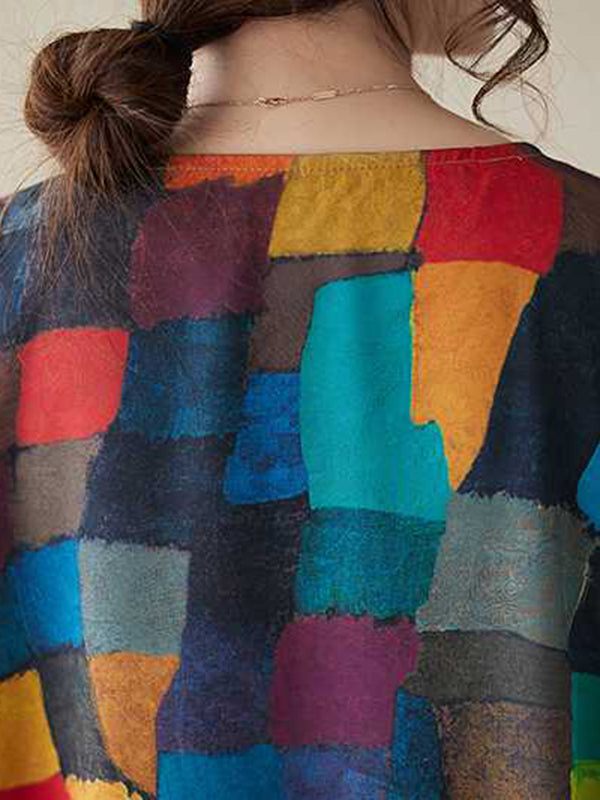 Loose Sleeveless Contrast Color Multi-colored Plaid Round-neck Midi Dresses