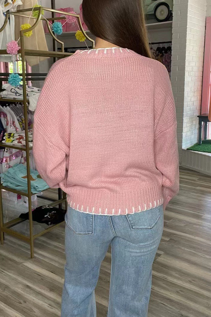 Slouchy Bow Jacquard Loose Pullover Sweater