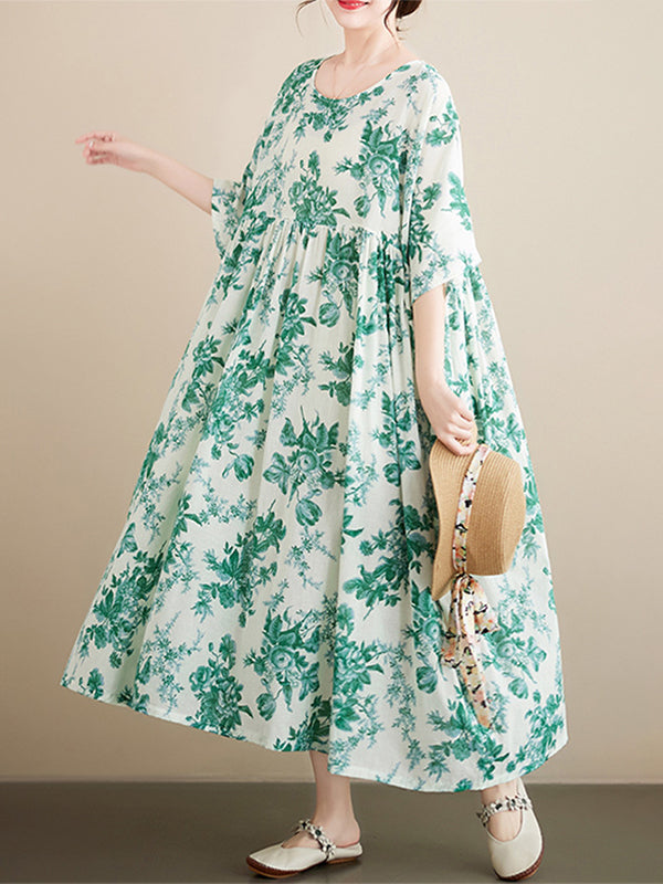 Loose Short Sleeves Printed Pleated Split-joint Round-neck Midi Dresses