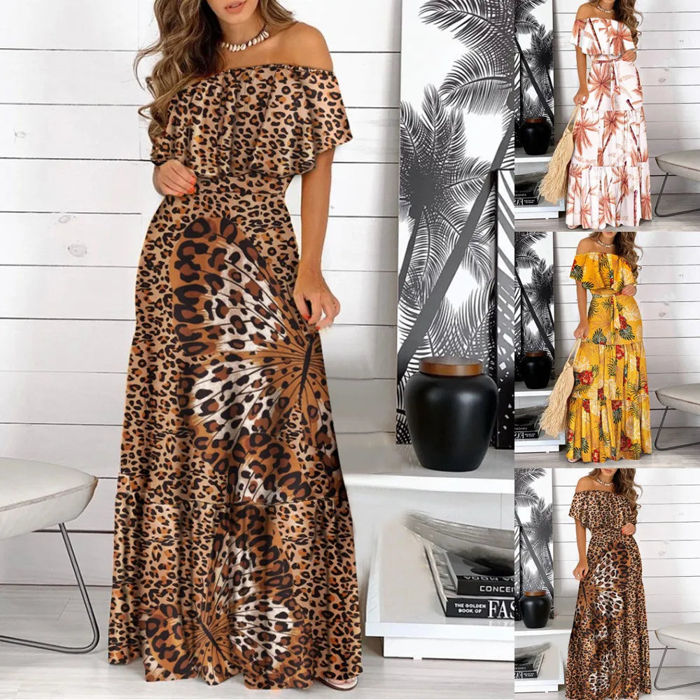 Print Off Shoulder Long Dresses Summer Ruffles One-piece Collar Leace-up Maxi Dress Female Commuting Vestidos New