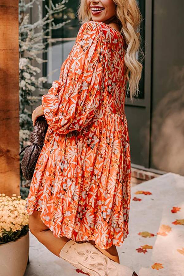 Orange Print Split V Neck Bubble Sleeve Midi Dress