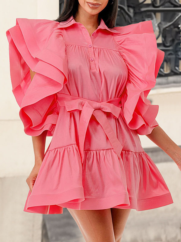 A-line High Waisted Buttoned Pleated Ruffled Color Tied Waist Lapel Mini Dresses