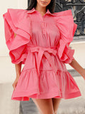 A-line High Waisted Buttoned Pleated Ruffled Color Tied Waist Lapel Mini Dresses
