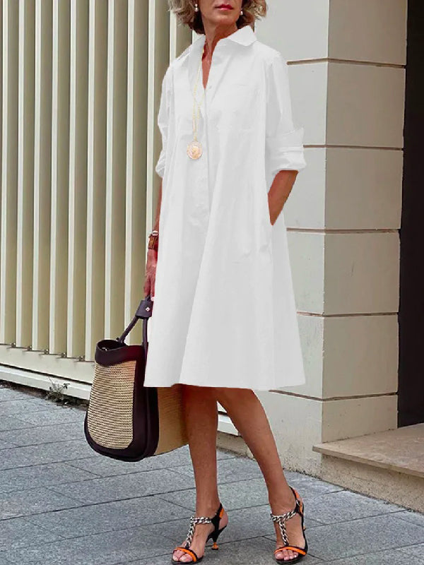 Simple Long Sleeves Color Lapel Midi Dress