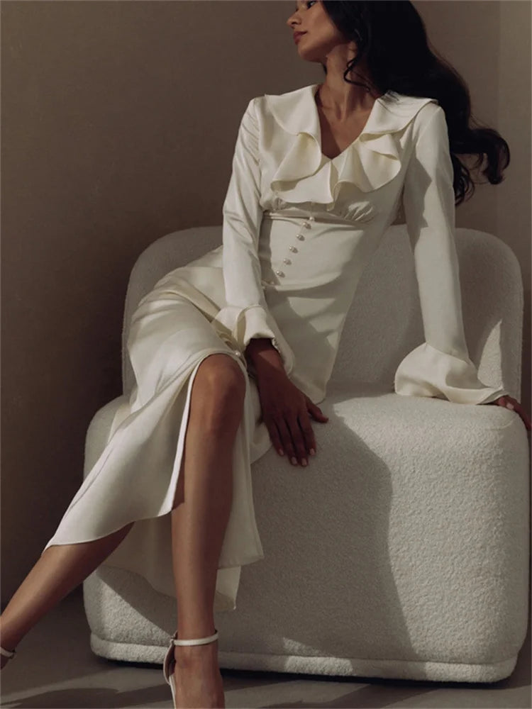 Ruffled for Long Dress V-neck Patchwork Long Sleeve Slim Party Dress Gown White Spring Maxi Dress