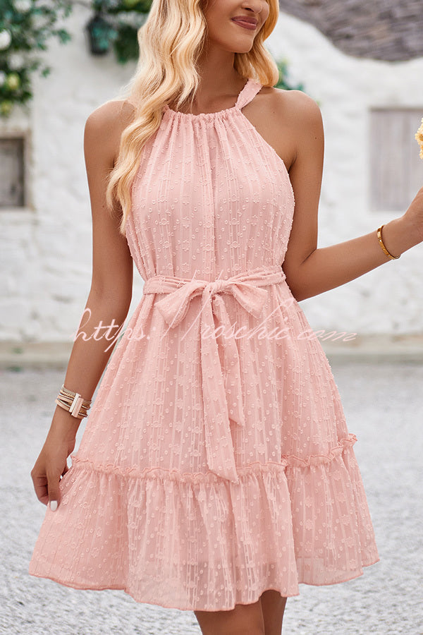 Simple Color Jacquard Patchwork Lace Up Drawstring Mini Dress