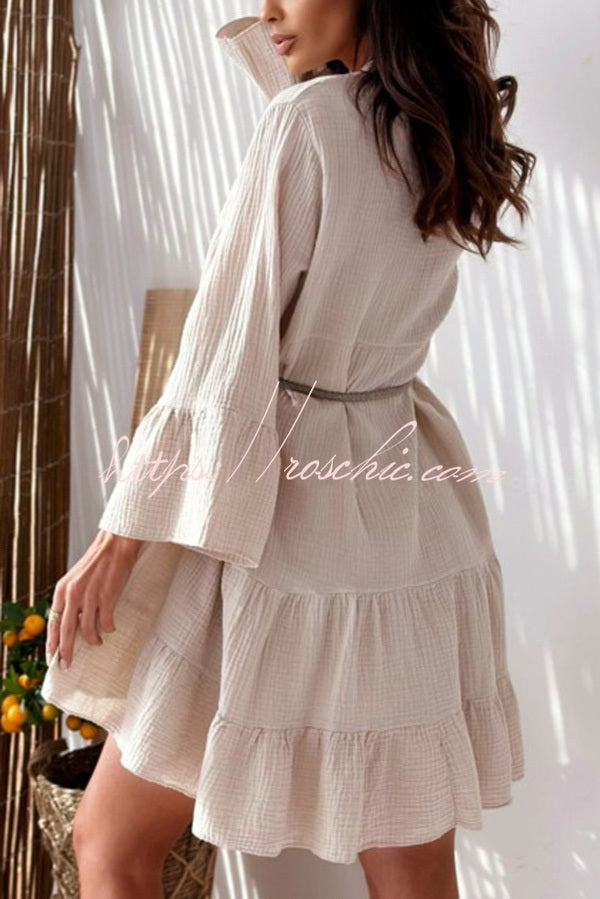 Linen Blend V-neck Bell Sleeve Mini Dress