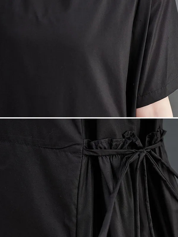 Loose Short Sleeves Color Split-joint Round-neck Midi Dresses