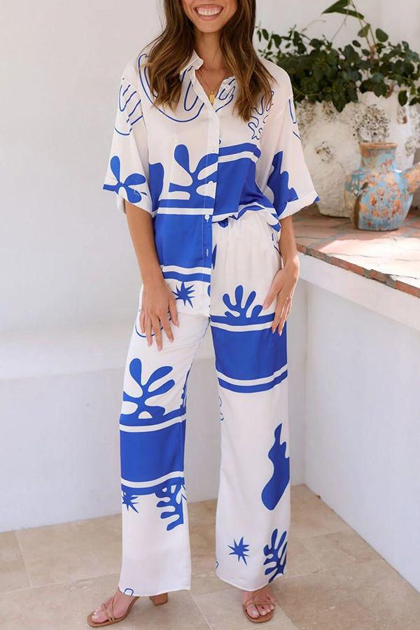 The Beach Unique Color Block Print Button Up Shirt and Elastic Waist Pants Set