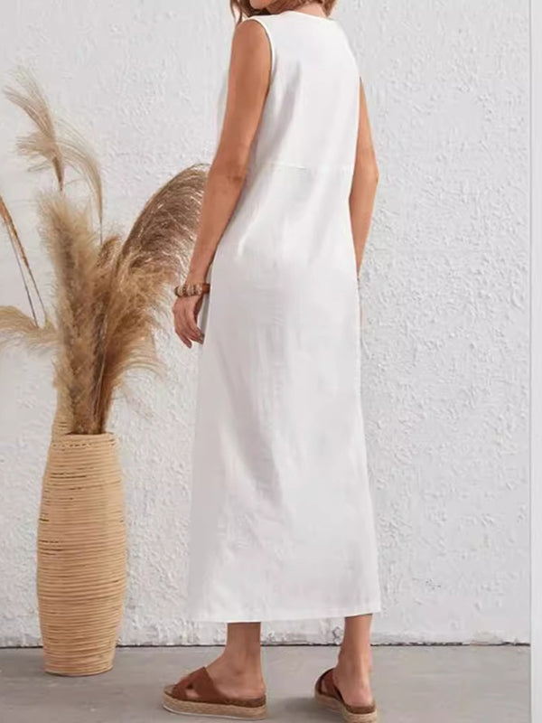 Loose Sleeveless Asymmetric Buttoned Split-front Split-joint Round-neck Midi Dresses