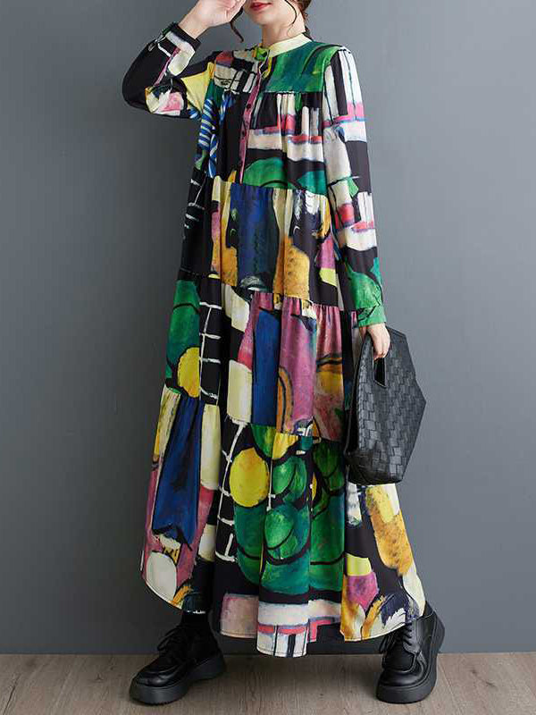 Long Sleeves Loose Buttoned Printed Split-joint Round-neck Midi Dresses