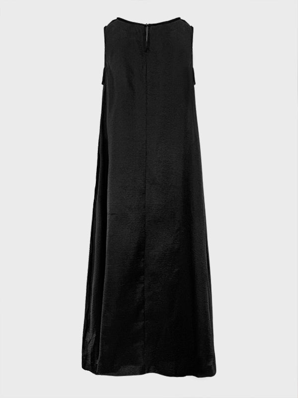 A-line Loose Pockets See-through Color Round-neck Cover-up Midi Dresses