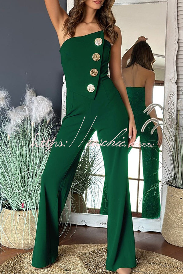 Color Tube Top Gold Button Embellished Bootcut Jumpsuit