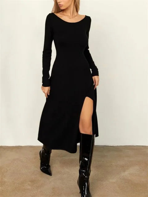 Knit Off-shoulder Slim Maxi Dress for Side Split Scoop Neck Knitwear Dress Outfits Long Sleeve Female Dress