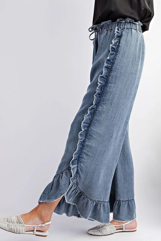 Color Ruffled Elastic Waist Tie Loose Denim Flared Pants