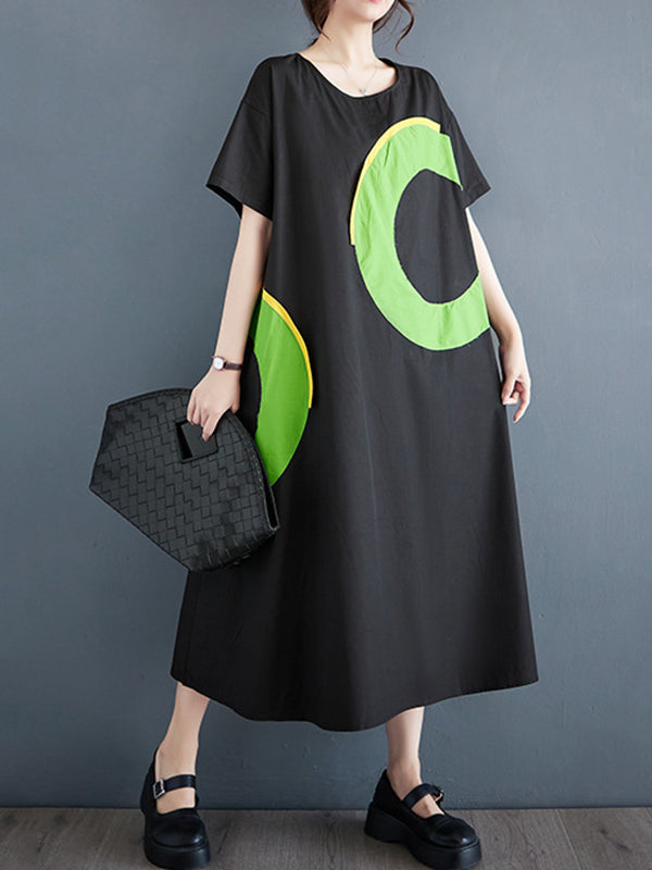 Loose Short Sleeves Contrast Color Pockets Printed Round-neck Midi Dresses