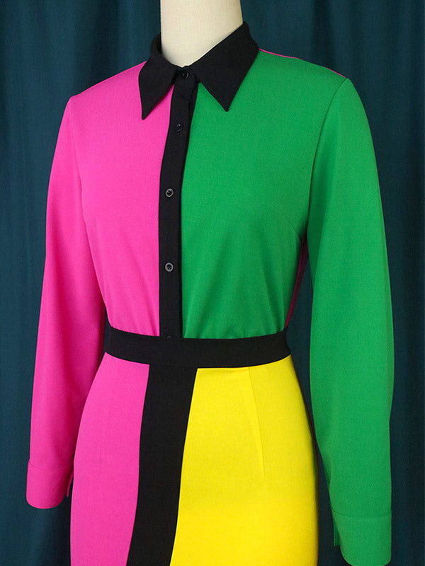 High Waisted Long Sleeves Asymmetric Buttoned Contrast Color Split-back Lapel Midi Dresses