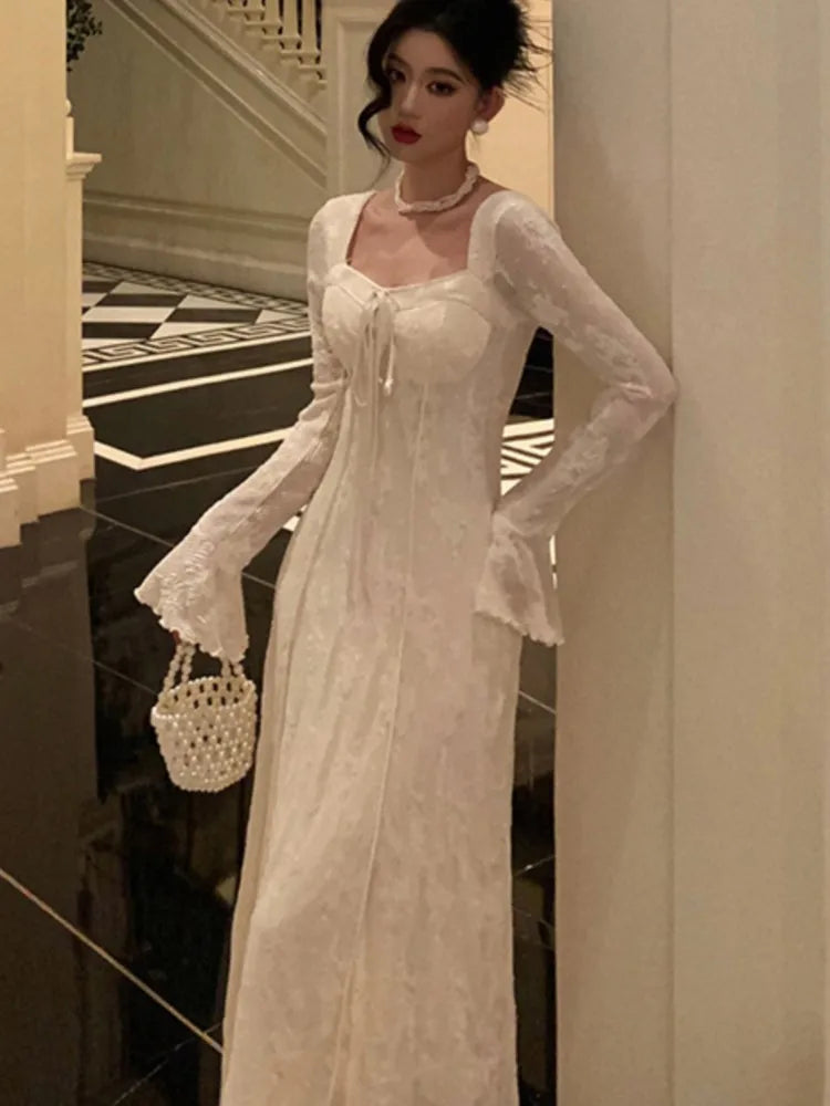 ’s Midi Dress Flare Sleeves Square Collar A-line Lace Up Autumn Spring French Prom Robe Vestidos New