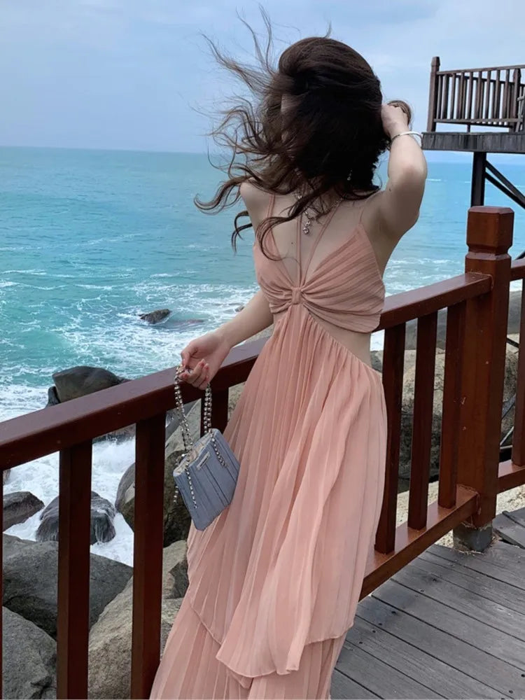 Summer New Pleated Holiday Beach Long Dresses for Vacation Spaghetti Strap a Line Robe Sundress