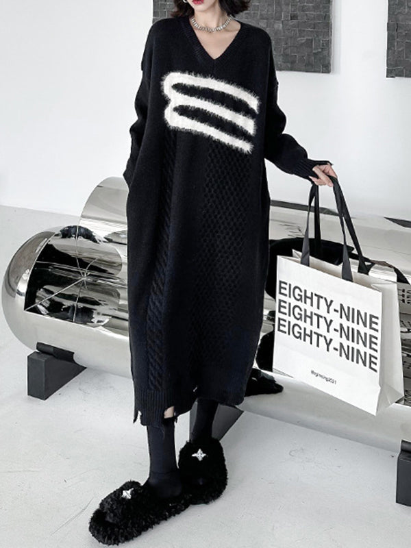 Long Sleeves Loose Split-joint Split-side V-neck Midi Dresses Sweater Dresses