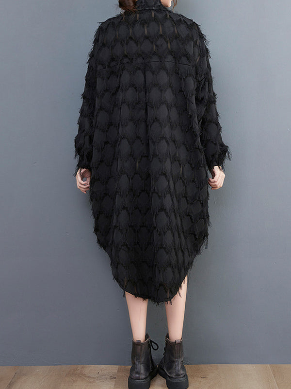 Stylish Long Sleeves Loose Tasseled Color High-neck Midi Dresses