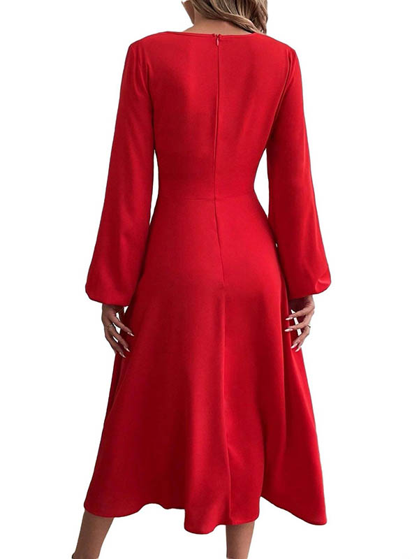 A-line High Waisted Pleated Color Zipper V-neck Midi Dresses