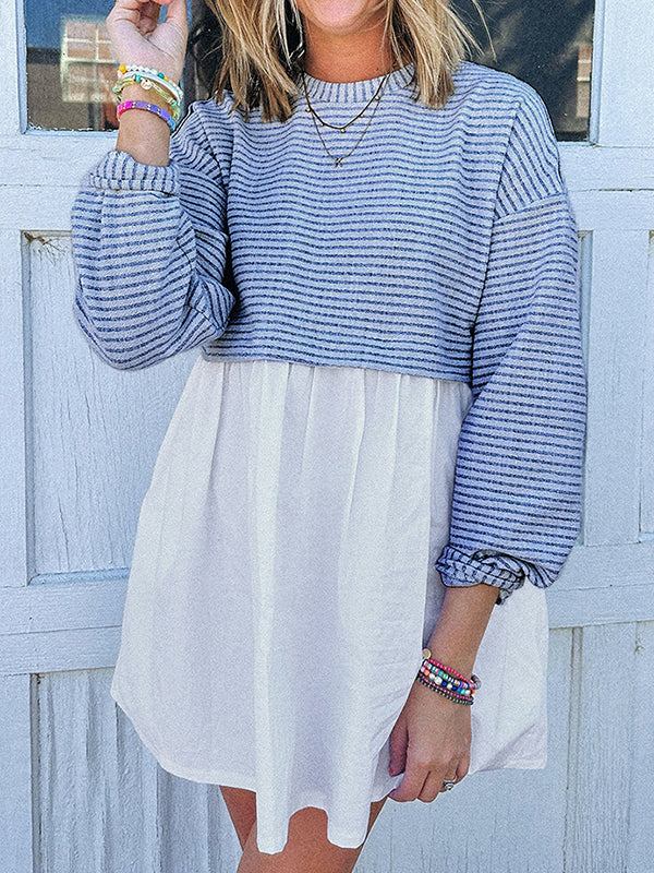 High Waisted Long Sleeves Split-joint Striped Round-neck Mini Dresses