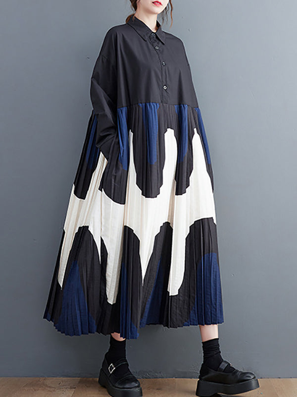 A-line Long Sleeves Contrast Color Pleated Printing Split-joint Polo Midi Dresses