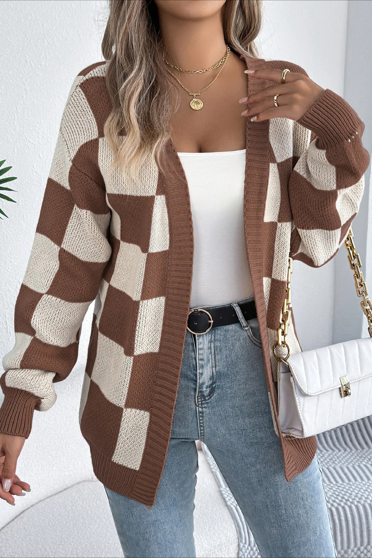 Plaid Knit Loose Cardigan