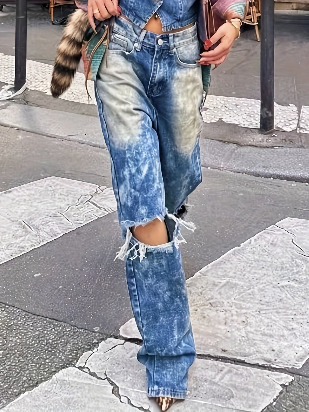 High Waist Slant Pockets Distressed Denim Pants Yh1789