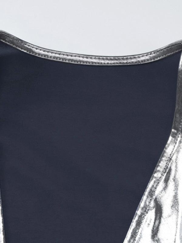 Bodycon Long Sleeves Pleated Shiny Color Split-joint V-neck Midi Dresses