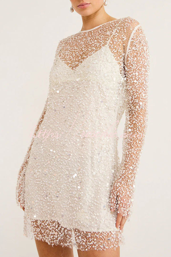 Sparkle and Shine Sequins and Pearls Fabric Mini Dress With Separate Slip
