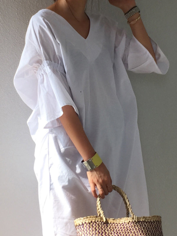 Half Sleeves Loose Pleated Color V-neck Midi Dresses
