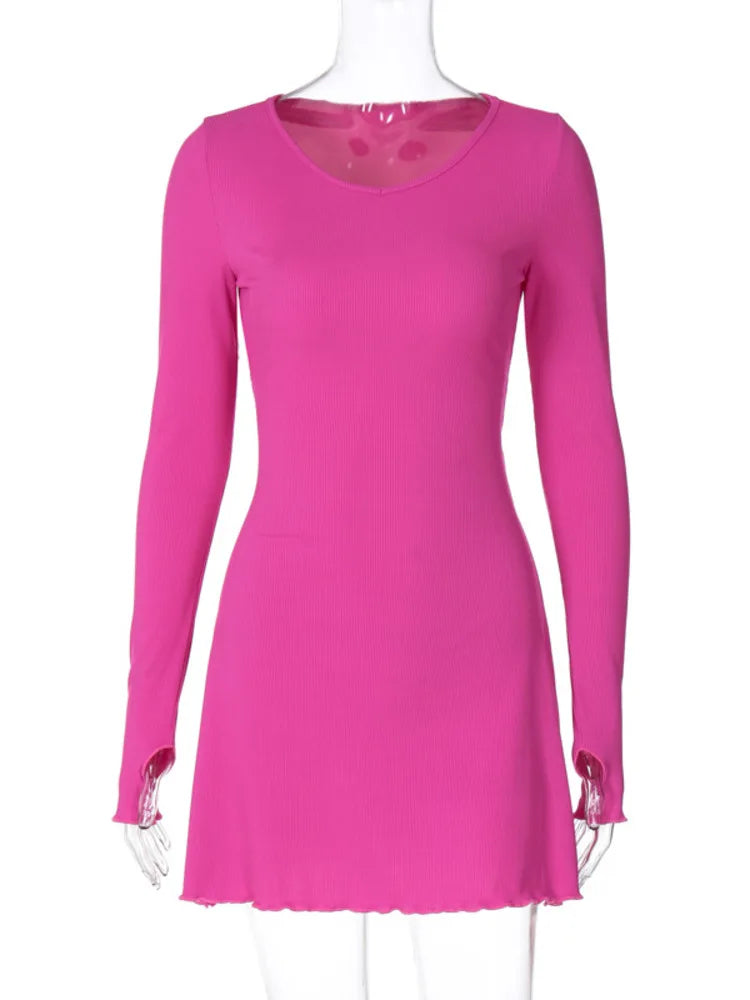 Ribbed Long Sleeve Mini Dress for Autumn Winter New O Neck Bandage Lace-up Dress Vestidos
